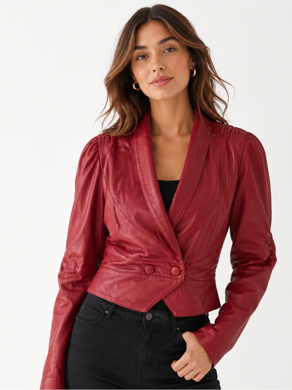 Vintage Fitted Red genuine Leather Shawl-Collar Jacket S
